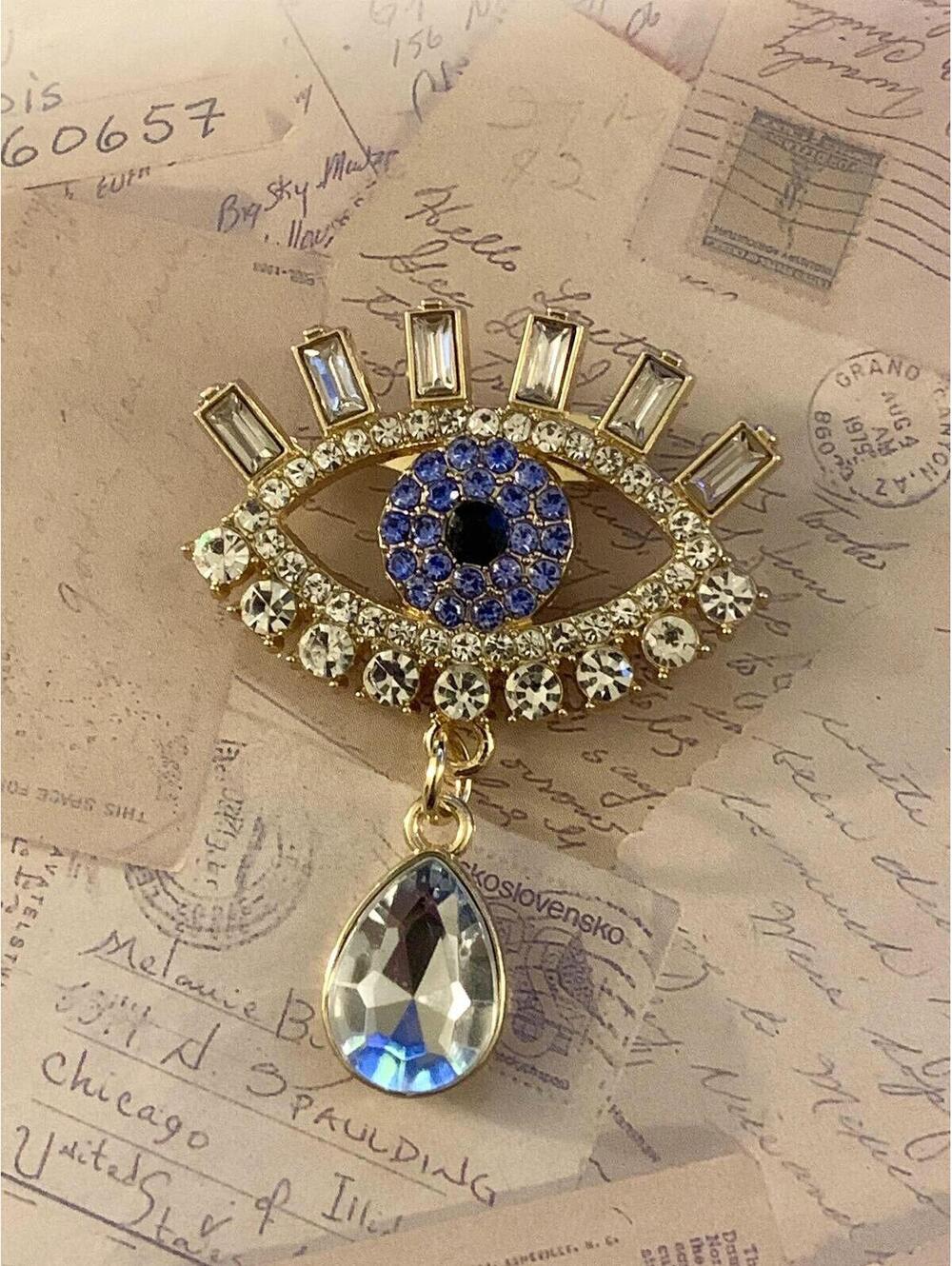 Spectacular Goldwork Surrealist Weeping Eye Rhinestone Teardrop Brooch Accessory